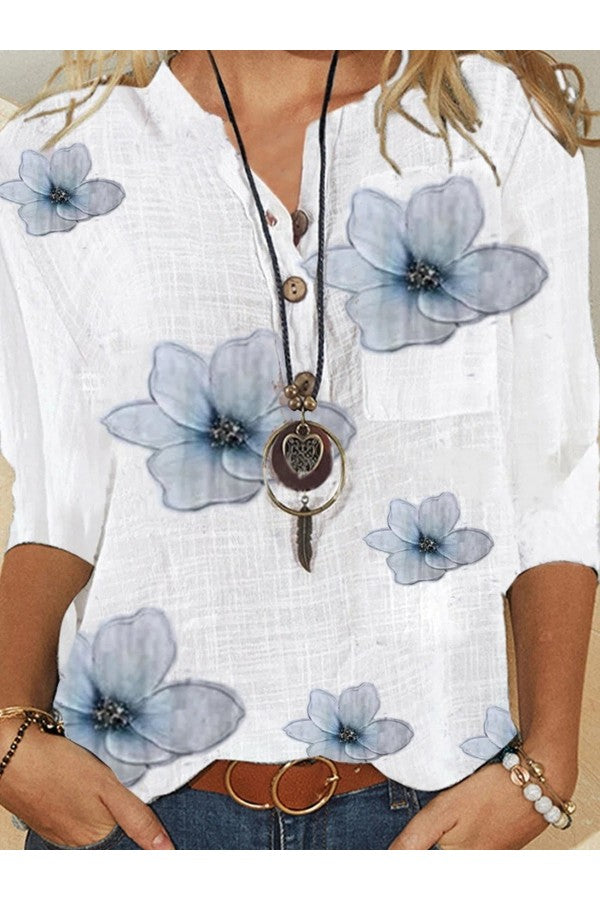 Half Sleeve Floral V Neck Shift Blouse