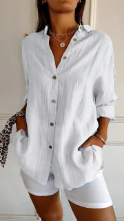 Classic Pleated Textured Single-Breasted Lapel Shirt for Women