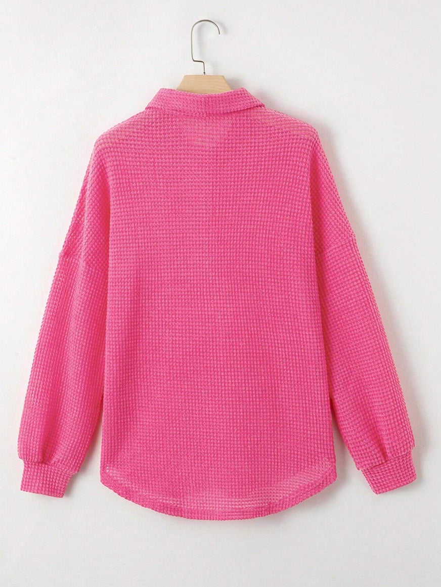HOT SALE-WOMEN'S WAFFLE KNIT HENLEY V NECK SHIRT JACKET
