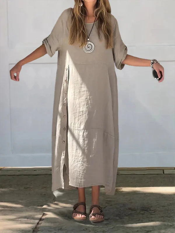 Women'S Solid Color Round Neck Linen Dress