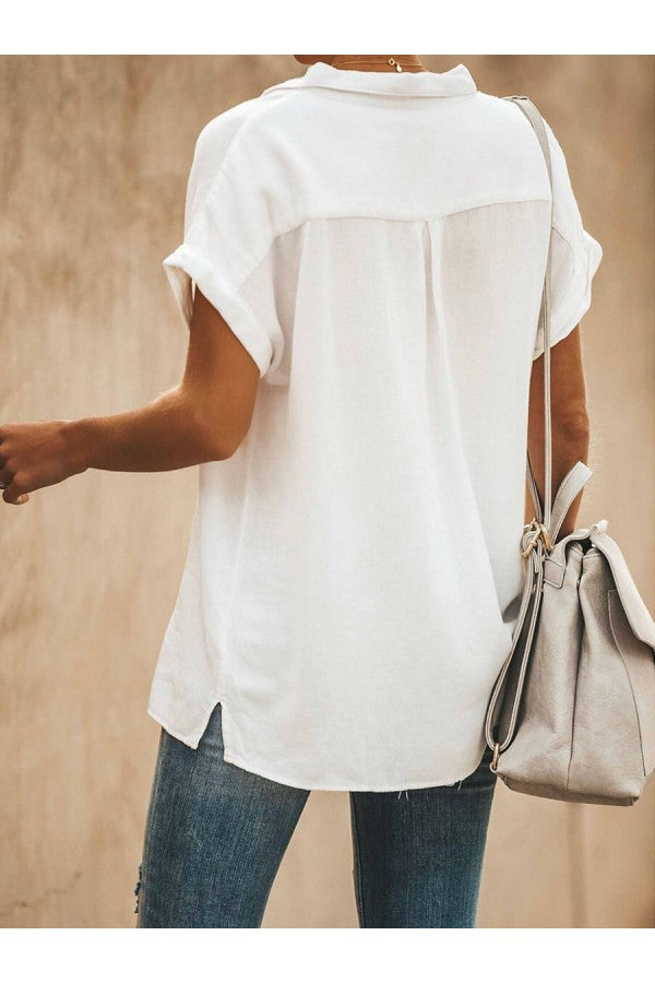 Casual Short Sleeve Collared Tops Solid Color Shirts With Pocket