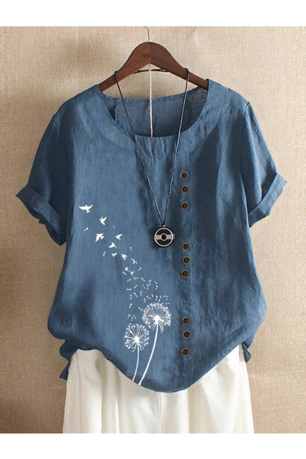 Blue O-neck Floral Print Casual Short Sleeve T-shirt