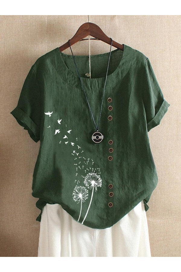 Blue O-neck Floral Print Casual Short Sleeve T-shirt