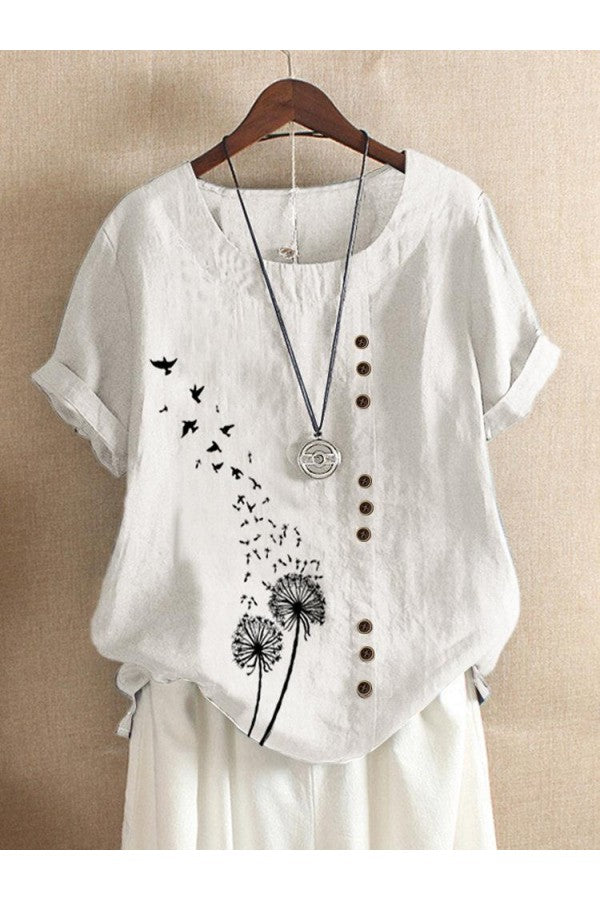 Blue O-neck Floral Print Casual Short Sleeve T-shirt