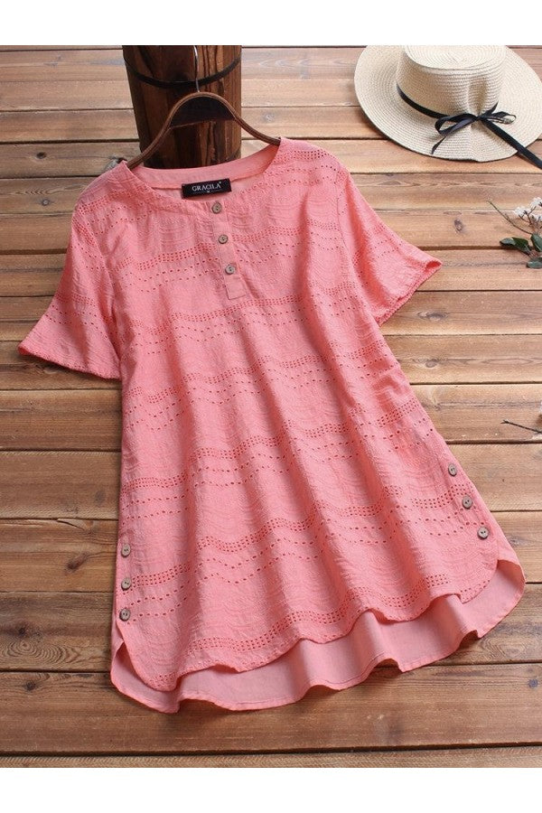 Bohemian Pullover Embroidery Casual Short Sleeve Blouse With Button