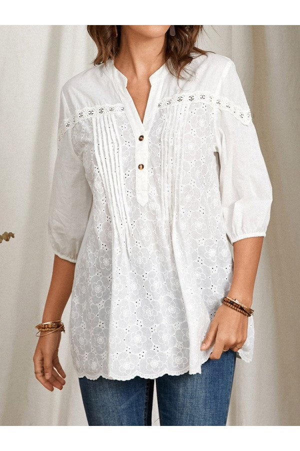 White Floral Collared 3/4 Sleeve Blouse with Buttons