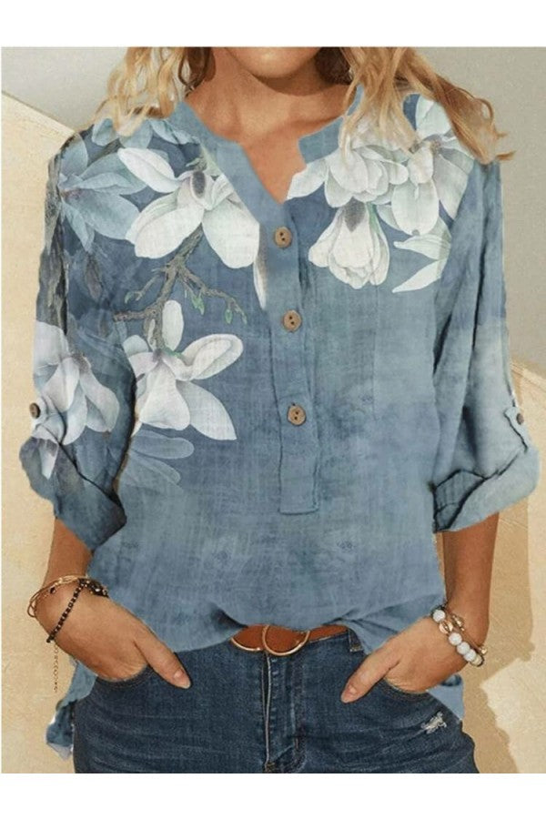 Blue Floral Print Collared Long Sleeve Blouse with Buttons
