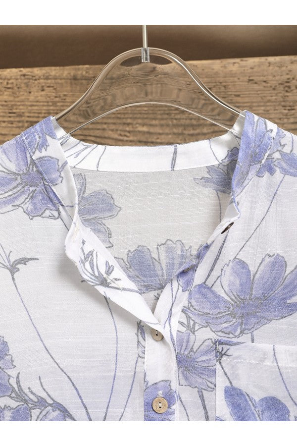 White Floral Buttons V-neck 3/4 Sleeve Blouse