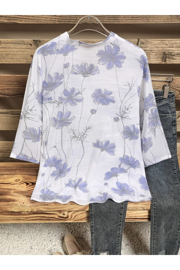 White Floral Buttons V-neck 3/4 Sleeve Blouse