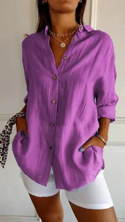 Classic Pleated Textured Single-Breasted Lapel Shirt for Women