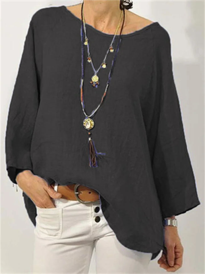 Women's Tops Solid Colour Cotton Linen Round Neck Shoulder Sleeve Nine-minute Sleeve Women's Shirt