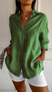 Classic Pleated Textured Single-Breasted Lapel Shirt for Women