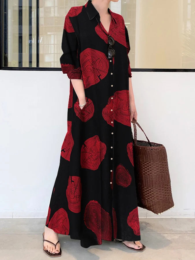 Women's Cotton Linen Vintage Print Casual Loose Dress