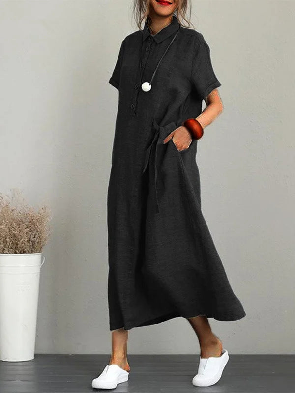 Women's Solid Cotton Linen Lapel Short Sleeve Loose Long Dress