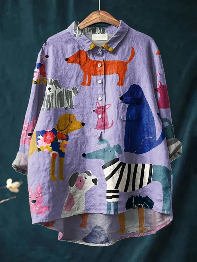 Women's Dog Art Print Linen Pocket Skirt