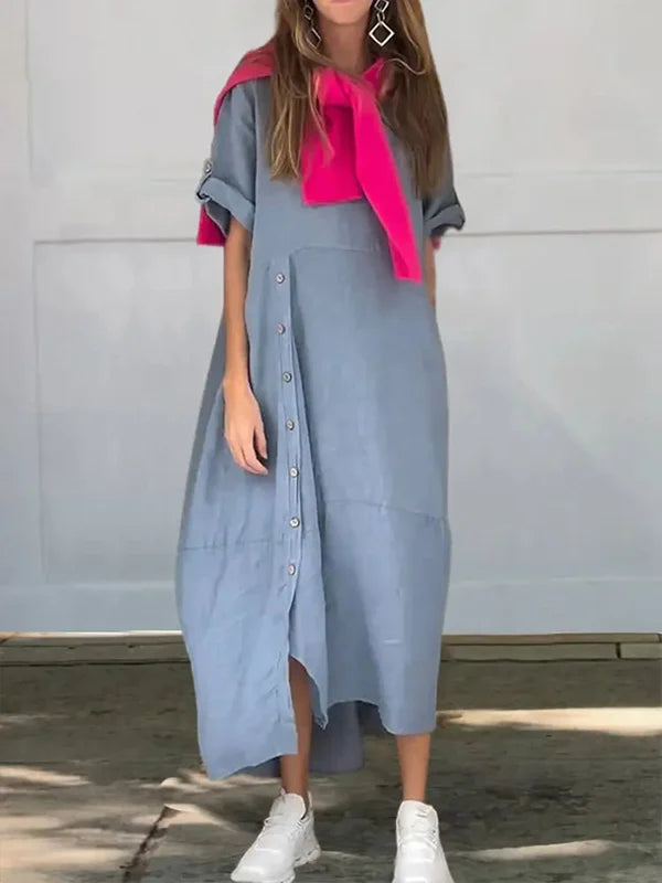 Women'S Solid Color Round Neck Linen Dress