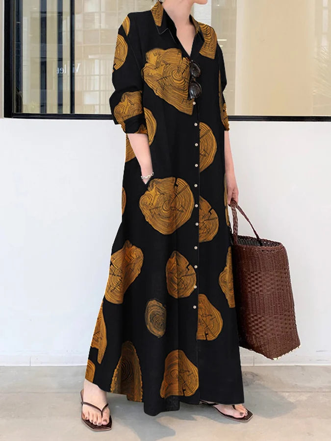 Women's Cotton Linen Vintage Print Casual Loose Dress