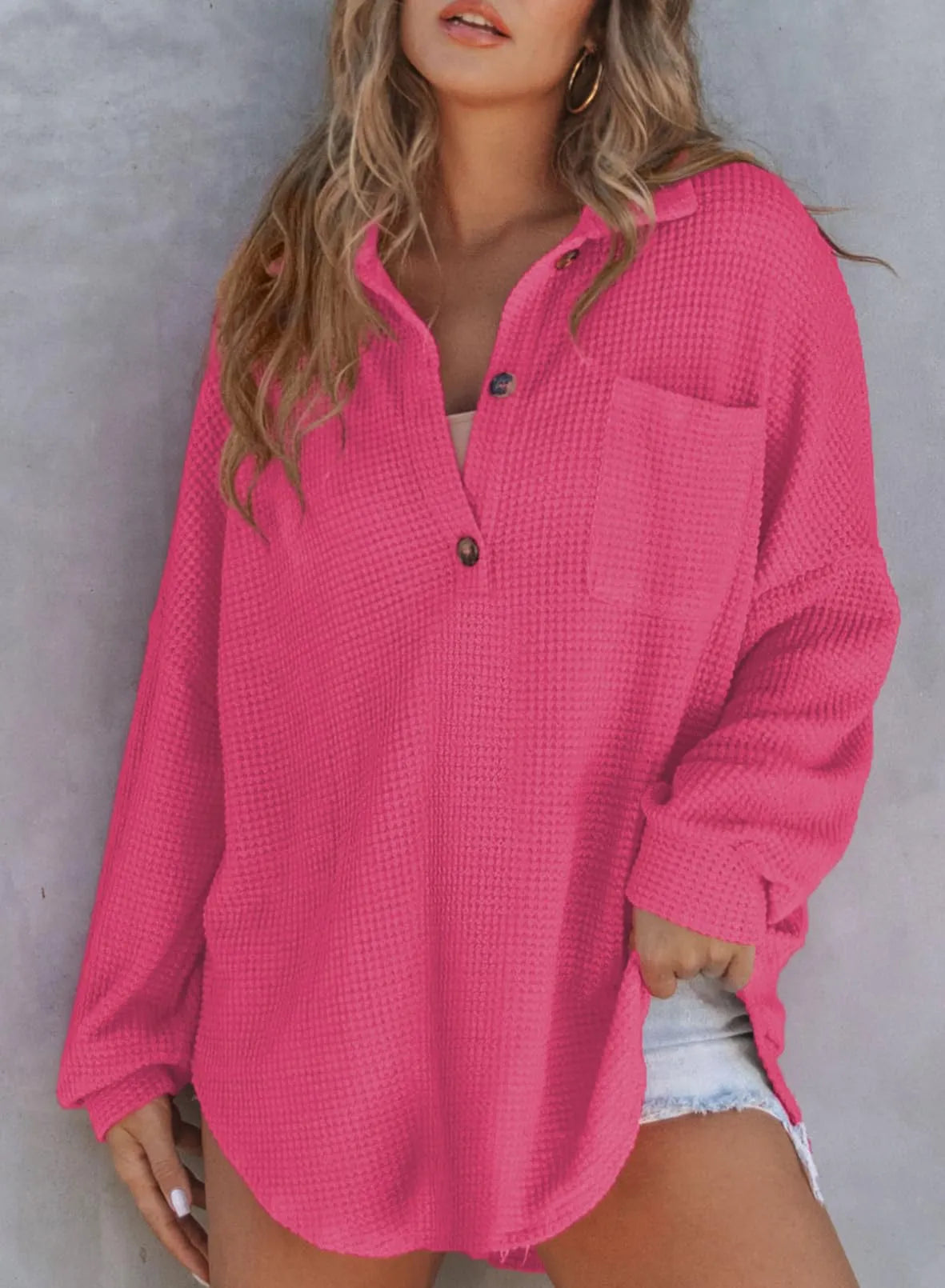 HOT SALE-WOMEN'S WAFFLE KNIT HENLEY V NECK SHIRT JACKET
