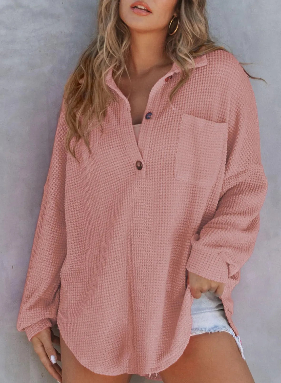 HOT SALE-WOMEN'S WAFFLE KNIT HENLEY V NECK SHIRT JACKET