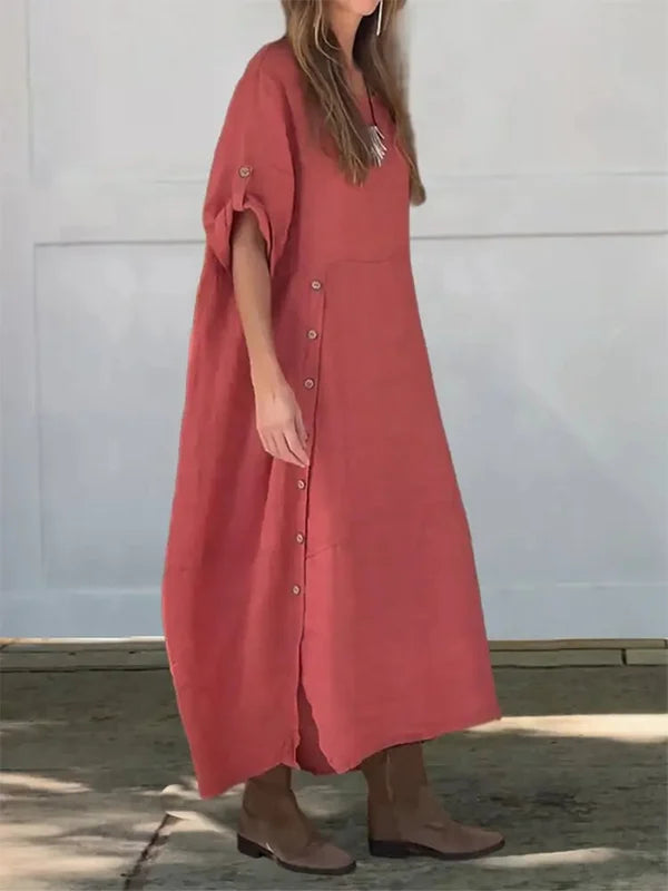 Women'S Solid Color Round Neck Linen Dress