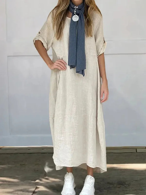 Women'S Solid Color Round Neck Linen Dress