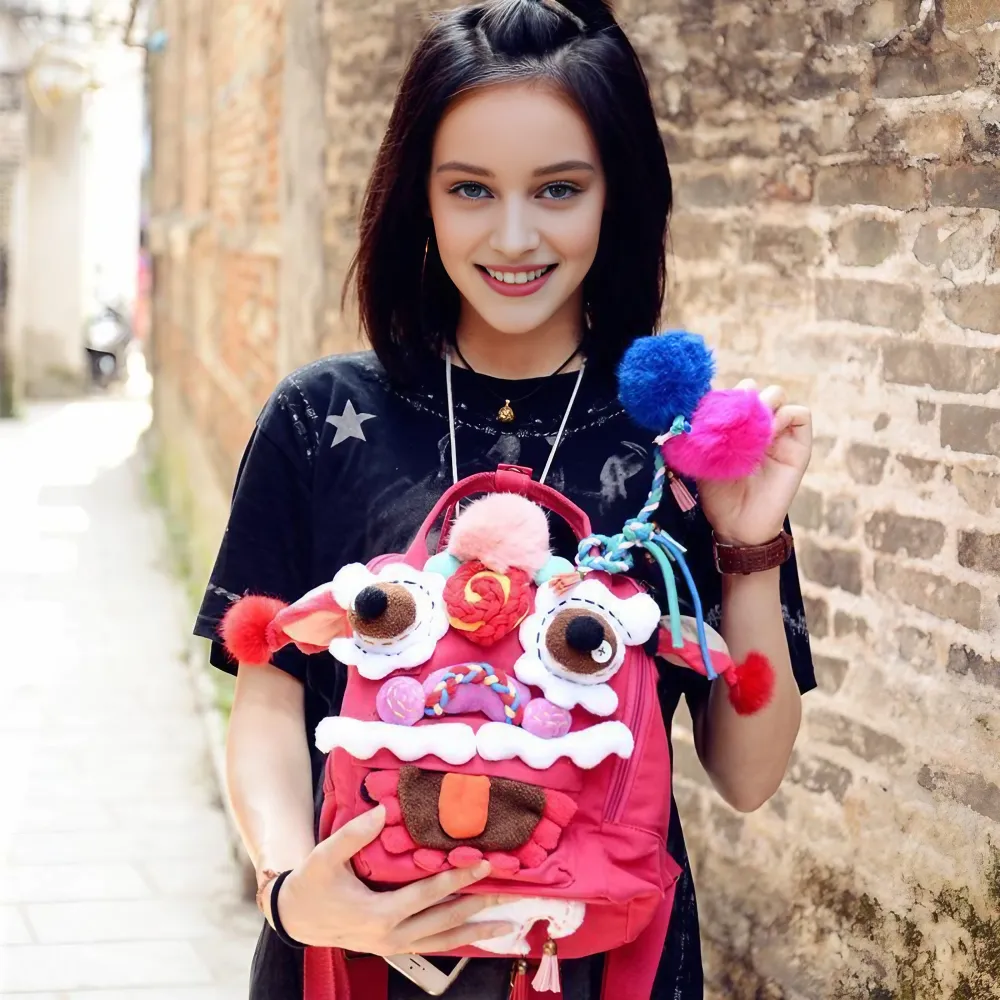 Cute Oriental Lion Dance Canvas Backpack Handmade Stylish And Casual Daypack In Rose Red