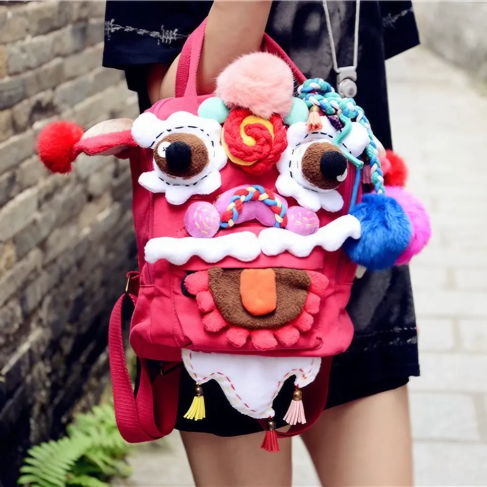 Cute Oriental Lion Dance Canvas Backpack Handmade Stylish And Casual Daypack In Rose Red