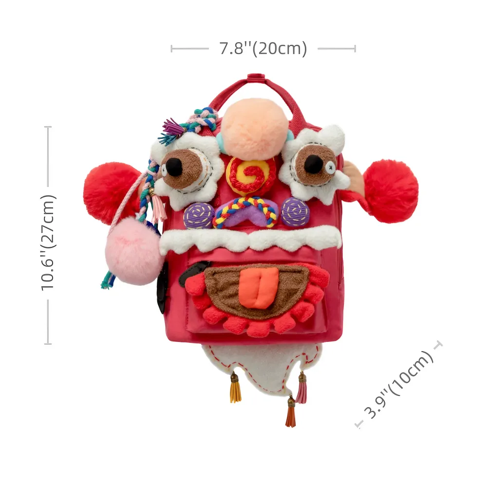 Cute Oriental Lion Dance Canvas Backpack Handmade Stylish And Casual Daypack In Rose Red