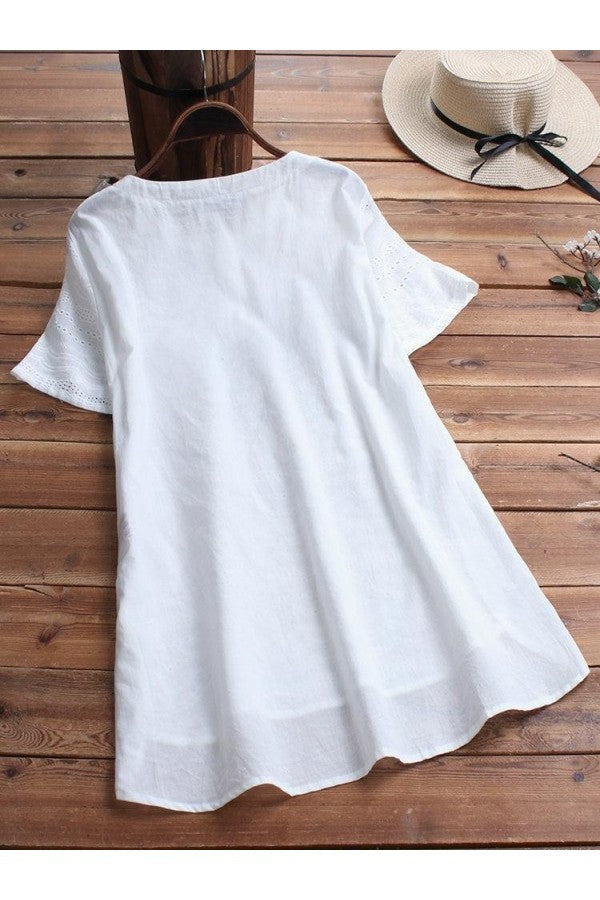 Bohemian Pullover Embroidery Casual Short Sleeve Blouse With Button