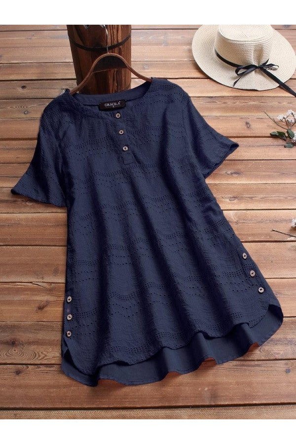 Bohemian Pullover Embroidery Casual Short Sleeve Blouse With Button