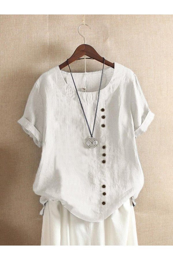 Solid Color Short Sleeve Round Neck Buttons Blouse