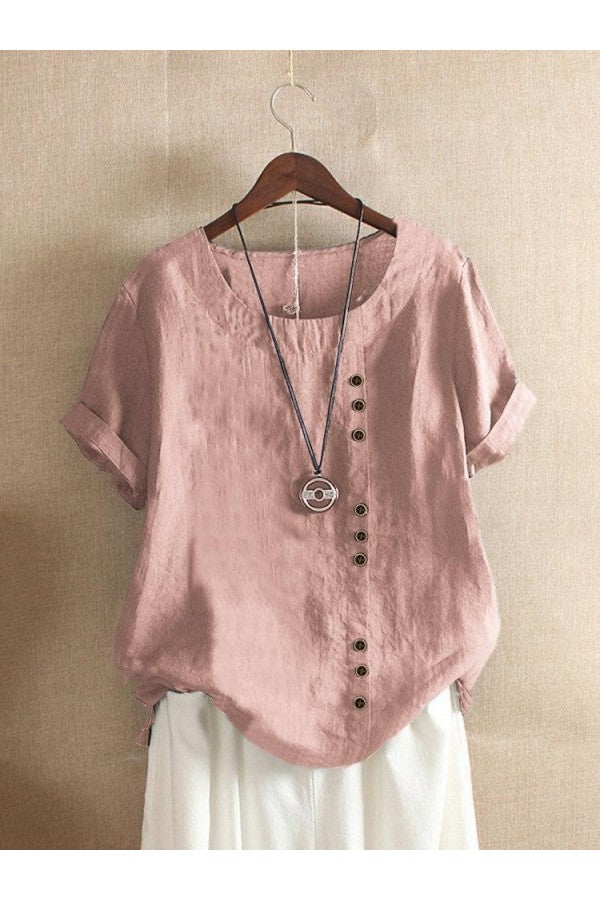 Solid Color Short Sleeve Round Neck Buttons Blouse