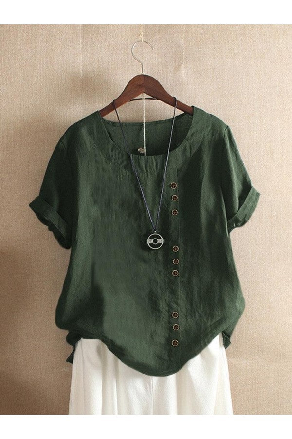 Solid Color Short Sleeve Round Neck Buttons Blouse