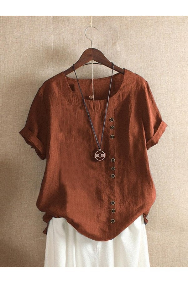 Solid Color Short Sleeve Round Neck Buttons Blouse