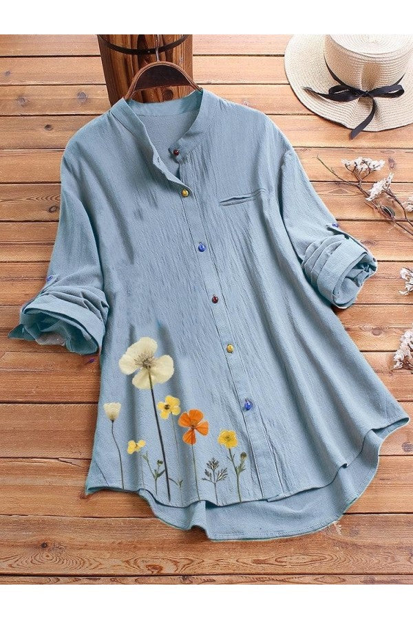 Long Sleeve Stand Collar Floral Printed Shirt With Button