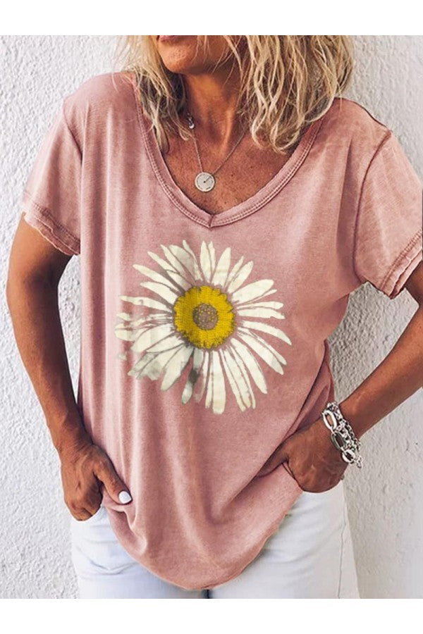 Pink Casual Summer V-neck Short Sleeve Floral Printed T-shirt
