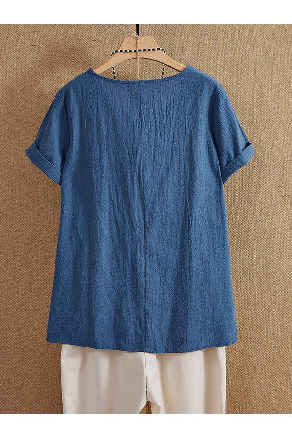 Blue O-neck Floral Print Casual Short Sleeve T-shirt