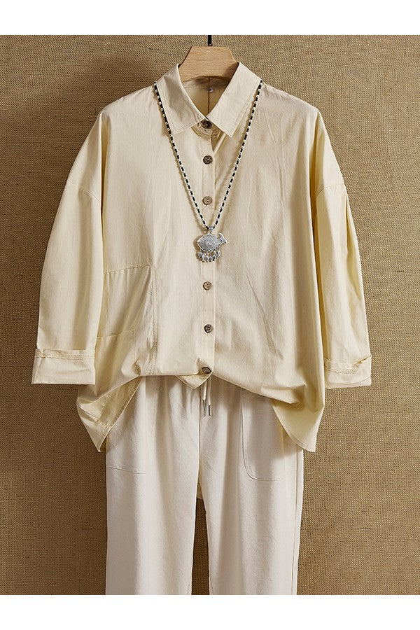 Soft Collared Neckline Plain Buttons Casual Long Sleeve Blouse