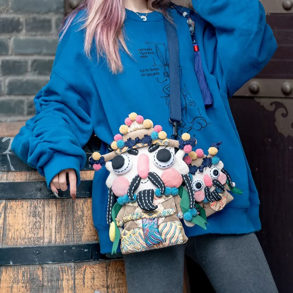 Cute And Unique God Of Wealth Shoulder Bag Cotton Material Casual And Phone Bag - Handmade
