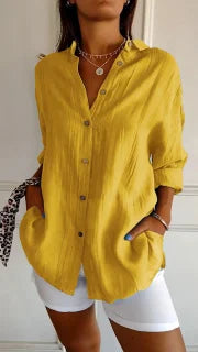 Classic Pleated Textured Single-Breasted Lapel Shirt for Women