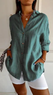 Classic Pleated Textured Single-Breasted Lapel Shirt for Women