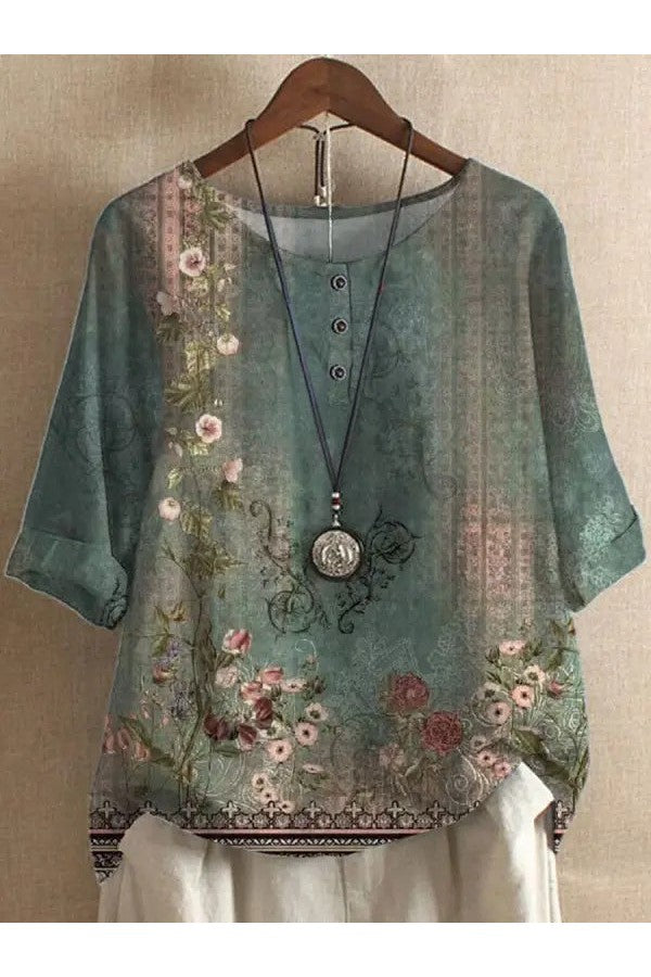 Green Casual Round Neck Floral Printed Long Sleeve Blouse