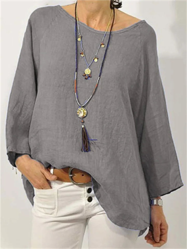 Women's Tops Solid Colour Cotton Linen Round Neck Shoulder Sleeve Nine-minute Sleeve Women's Shirt