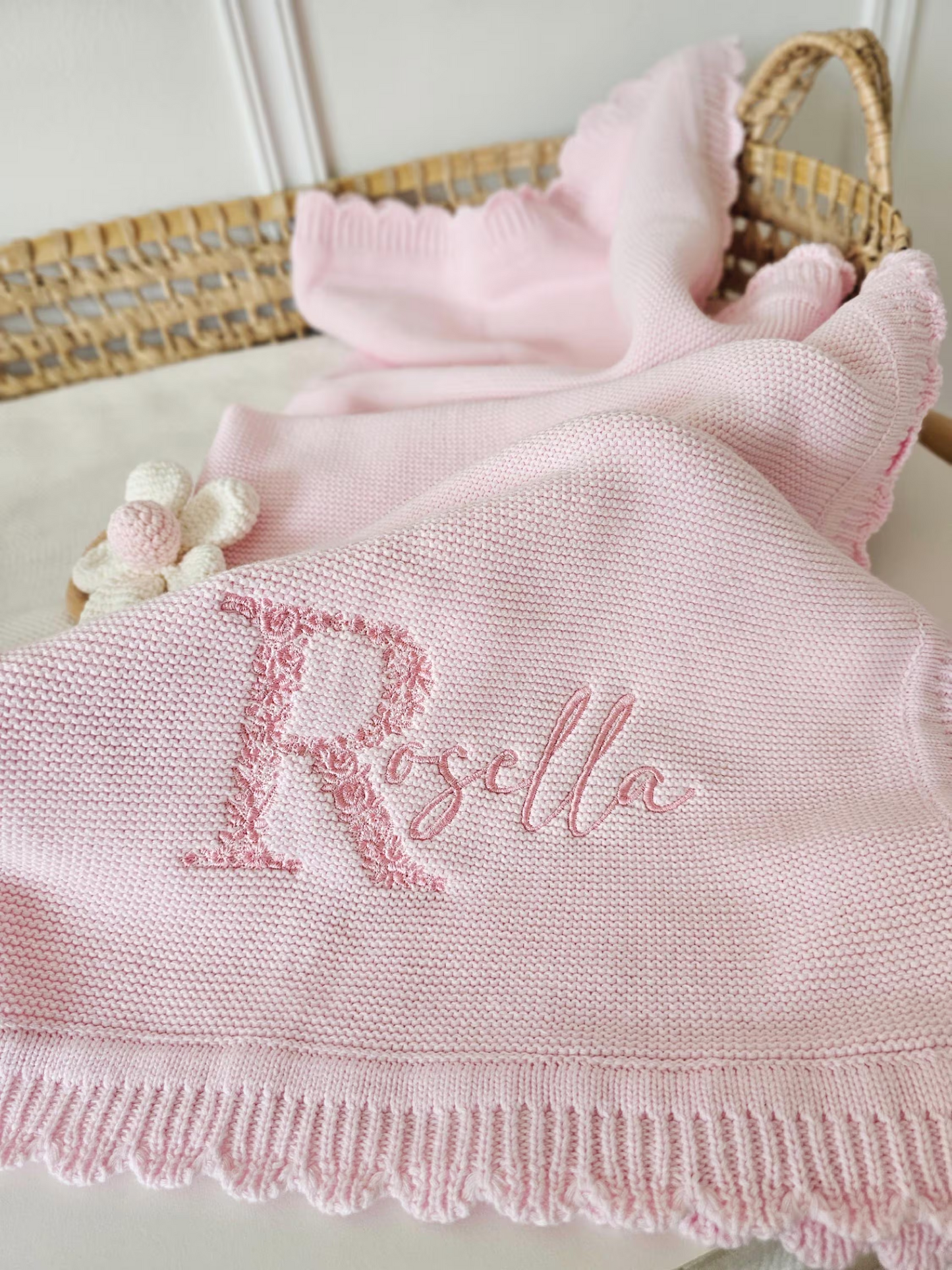 Luxury Embroidered Baby Blanket, Personalised Floral Heirloom, Shower Gift, Newborn Coming Home Outfit, Birth Name Annoucement, Scalloped