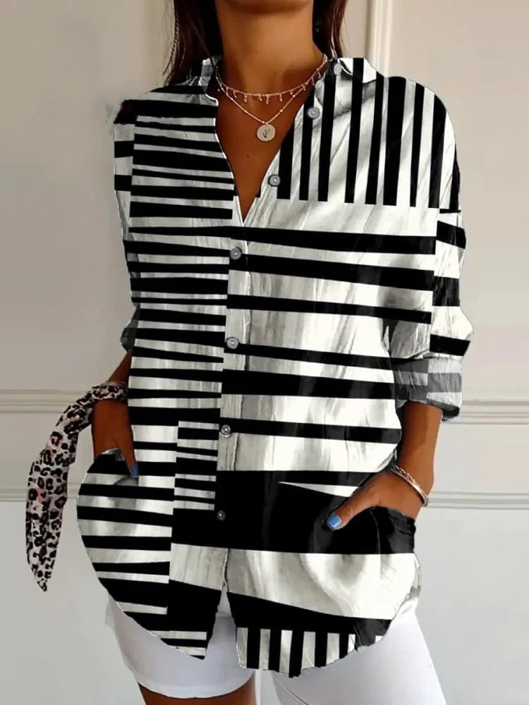 Women's Black And White Abstract Stripes Print Casual Cotton Shirt