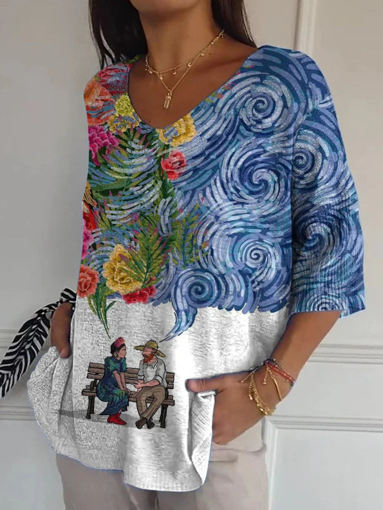 Women's Vintage Frida Kahlo And Vincent Van Gogh Print Casual Cotton And Linen Shirt