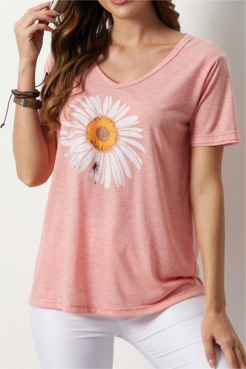 Pink Casual Summer V-neck Short Sleeve Floral Printed T-shirt