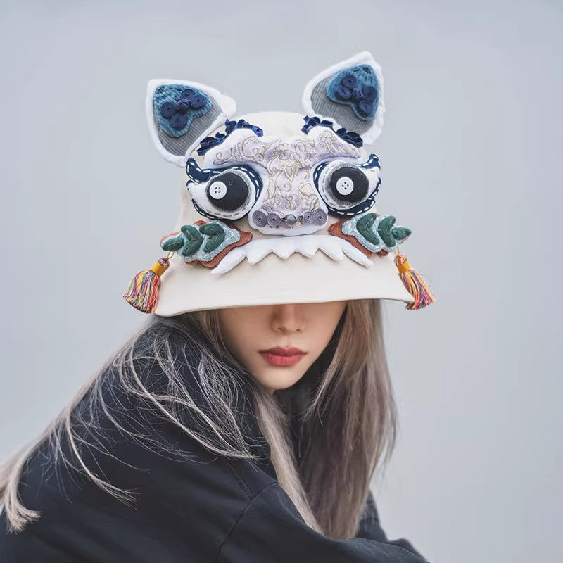 Tiger head handmade fisherman hat for men and women summer large brim basin hat sunshade dragon year lion hat sun protection