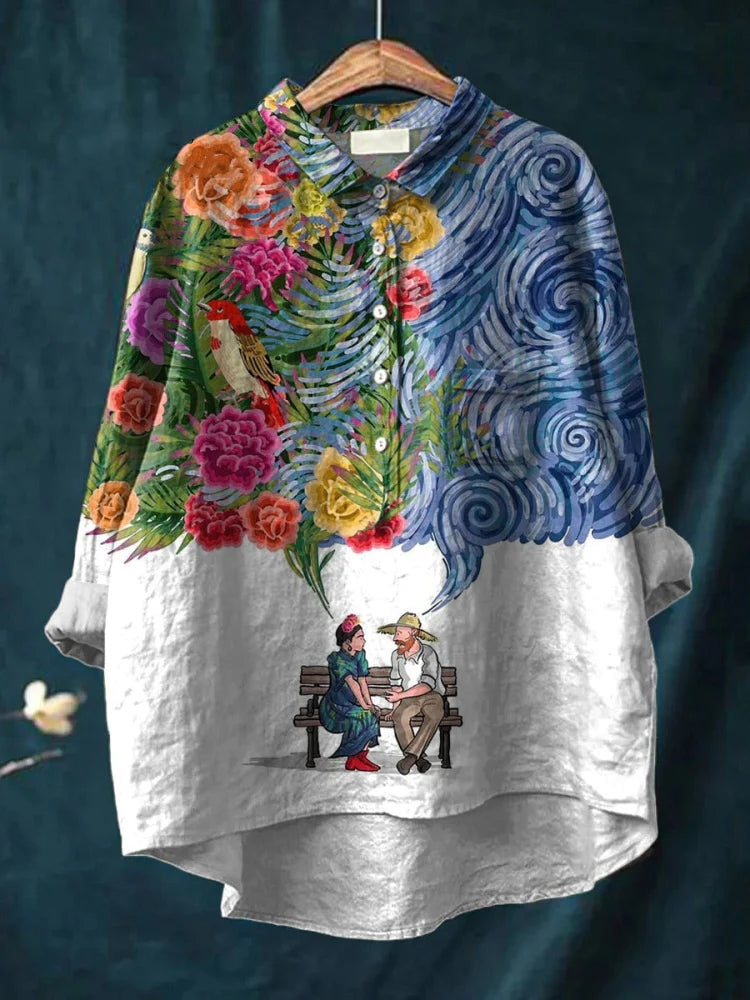 Women's Vintage Frida Kahlo And Vincent Van Gogh Print Casual Cotton And Linen Shirt