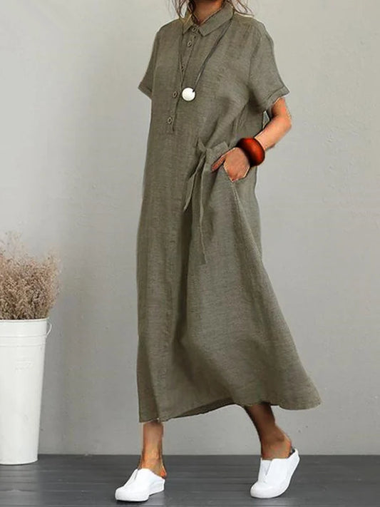 Women's Solid Cotton Linen Lapel Short Sleeve Loose Long Dress